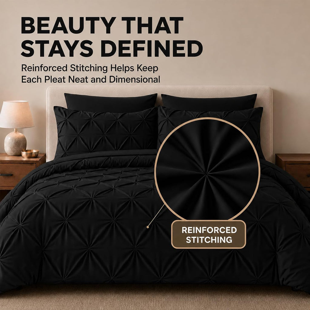 HIMEET Queen Comforter Set Black - 7 Pieces Pintuck Bed in a Bag