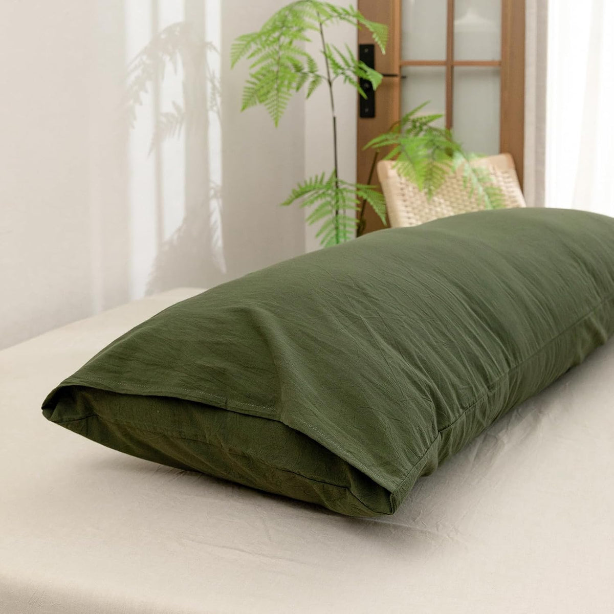 BESTOUCH Washed Cotton Pillowcases Linen Feel Olive Green Body