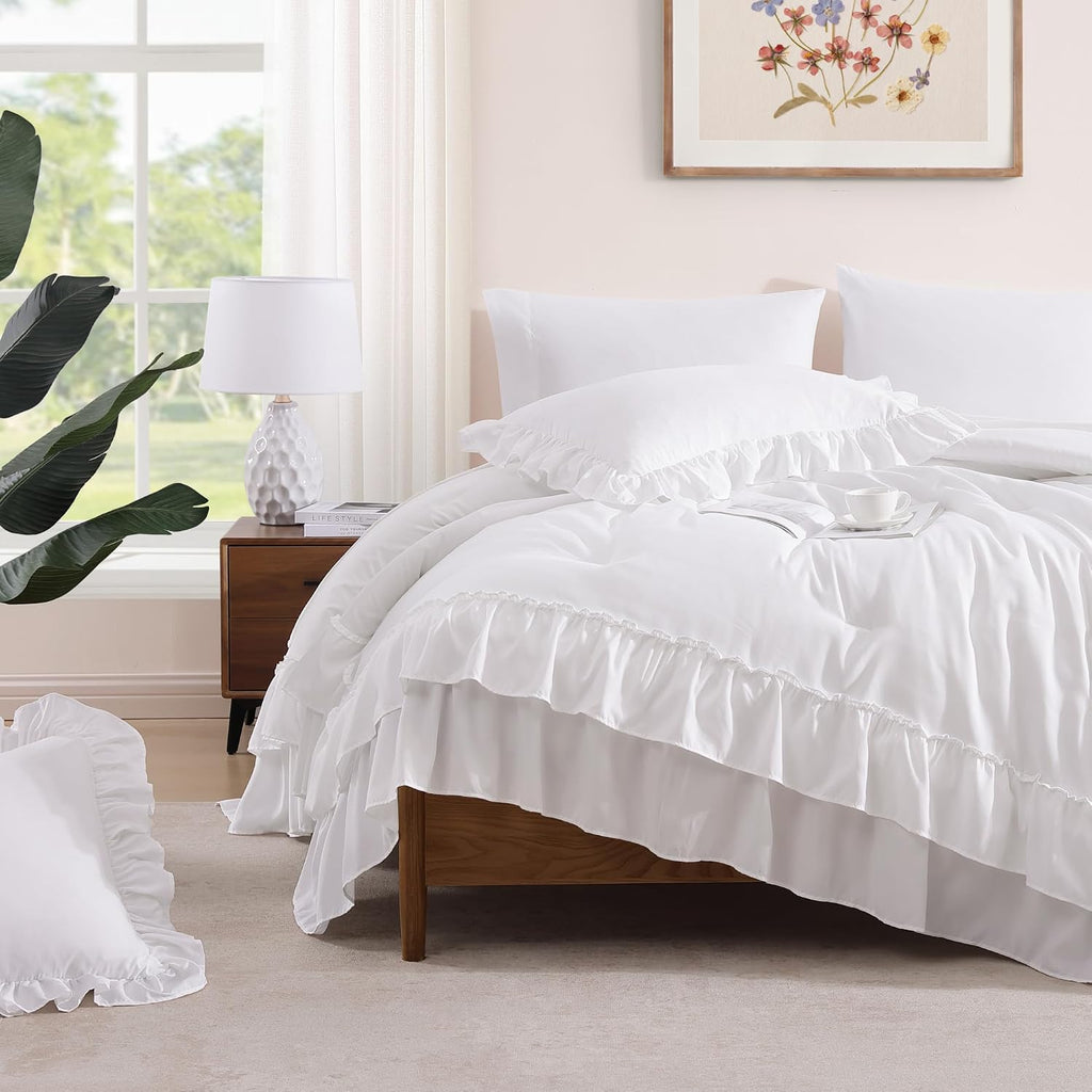 AMBERSPACE Queen Comforter Set White Ruffle 7 Pieces Farmhouse Bed in a Bag