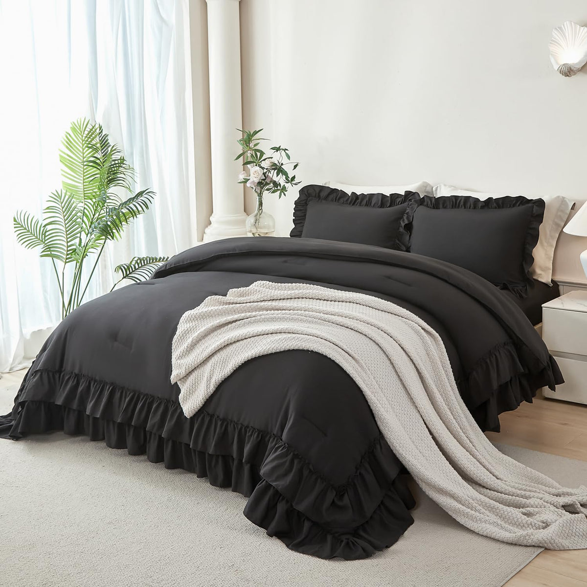 ANGIYUIN 5Pcs Beige Ruffled Comforter Set Queen Double-Layer Ruffle Bedding Comforter Set for Women Girls Fluffy Shabby Chic Bed in a Bag with Sheets(Beige Queen)