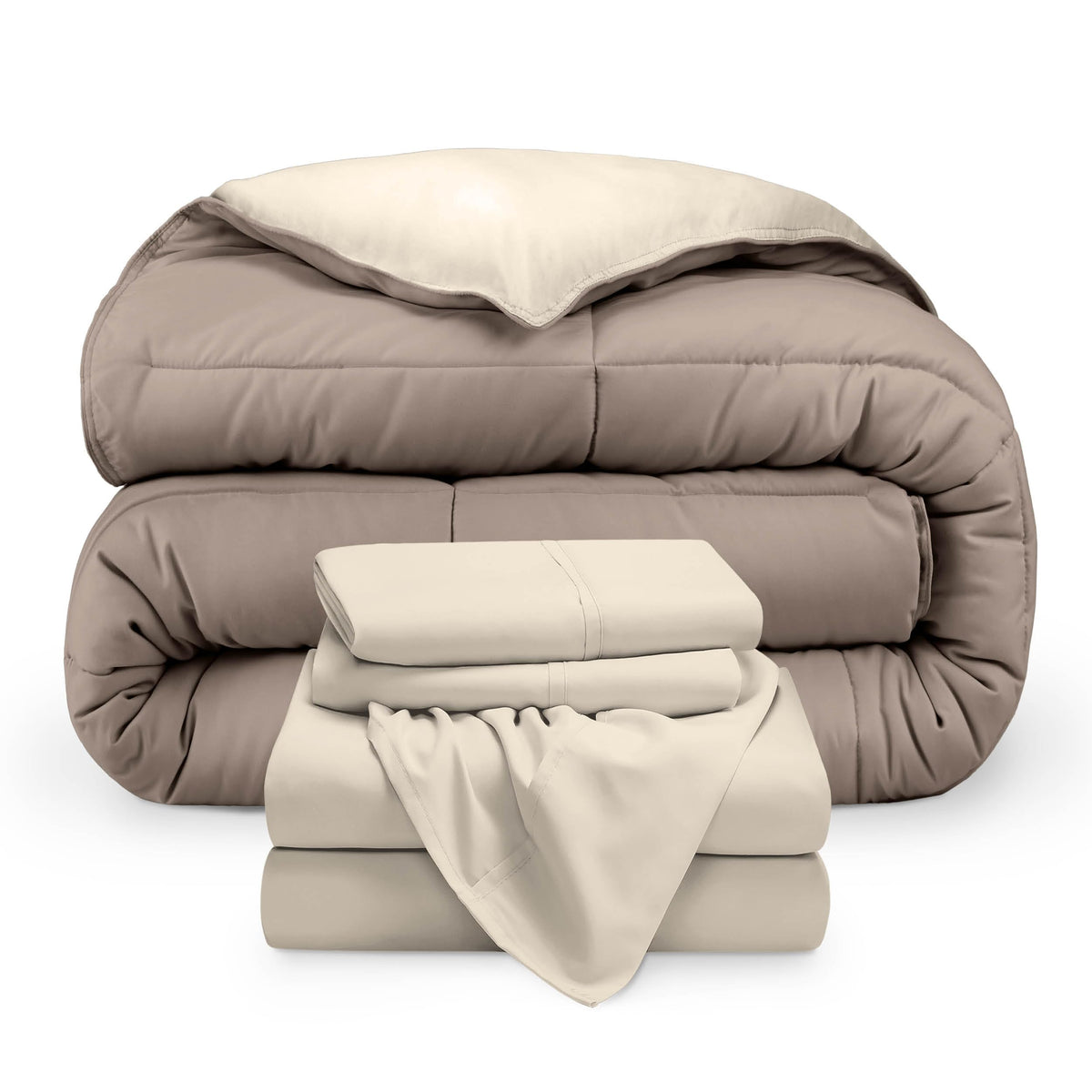 Bare Home Reversible Bed-in-A-Bag Comforter & Sheet Set - Queen - Down Alternative - Soft - Bedding Set (Queen, Light Grey/Grey)