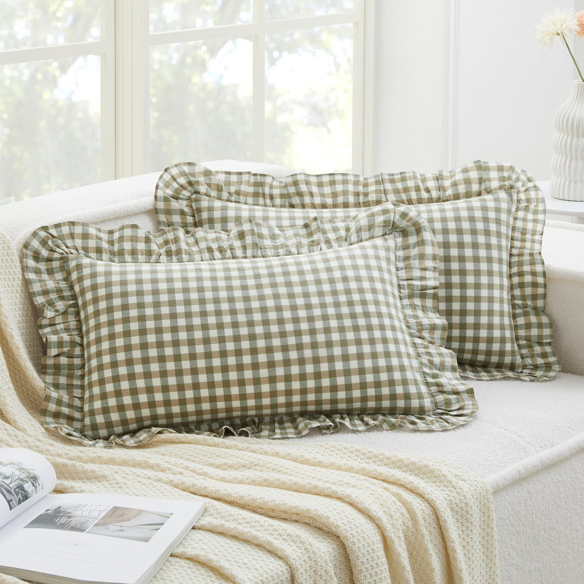 KKJIAF 2 Pcs Plaid Ruffle Pillow Case Standard Size, Sage Green Plaid