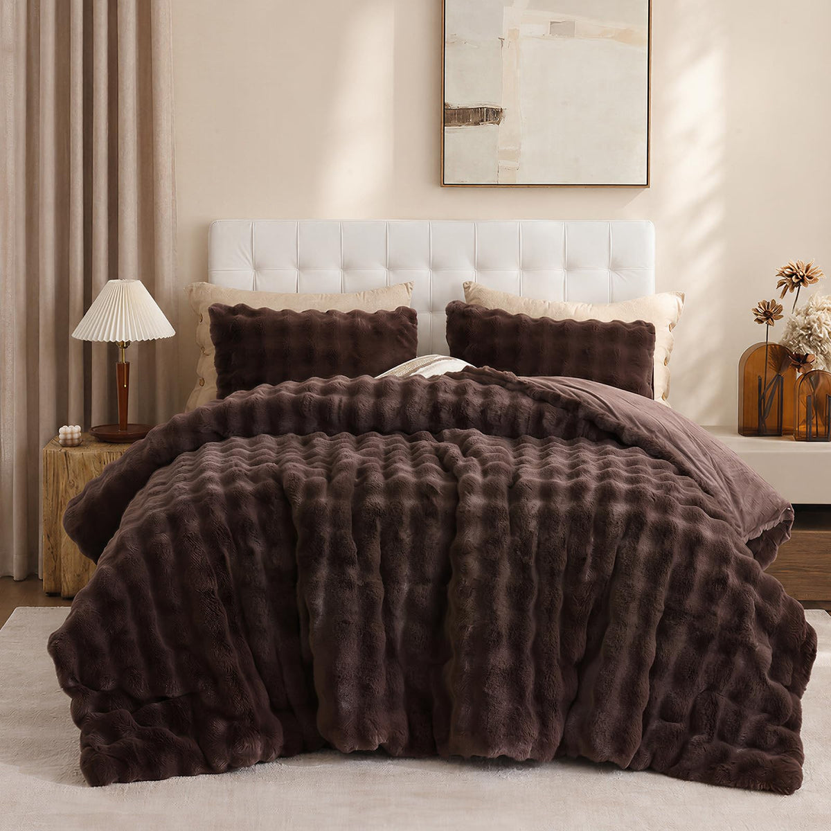 YIKUSH Queen Faux Fur Soft Comforter Set, Fluffy Linen Rabbit Fur Comforter