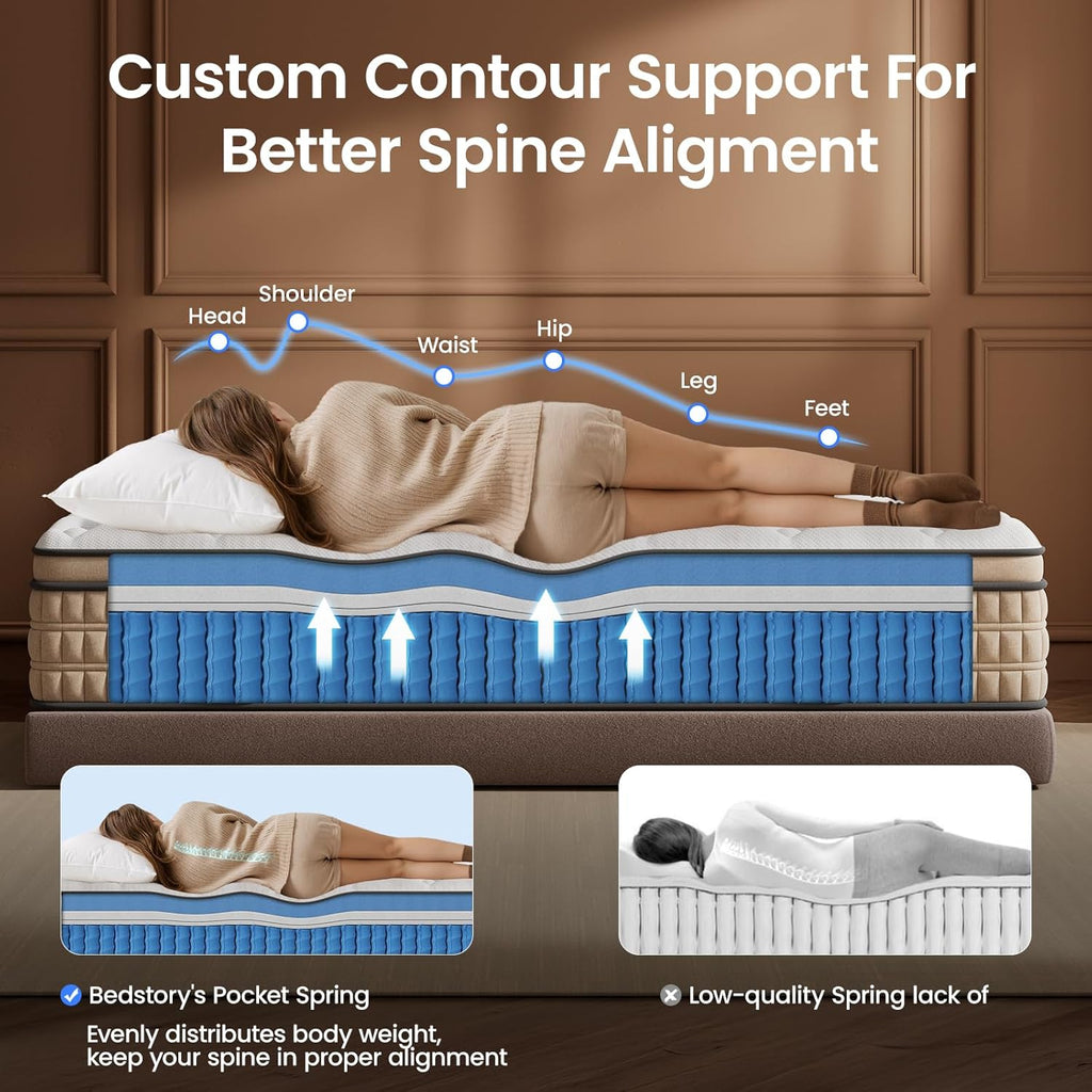 BedStory 14 inch Medium Firm Queen Mattress - Pain-Relieving Hybrid Mattress for Extra Lumbar & Hip Support - Queen Bed in a Box - 365-Night Trial - No Odor, Fiberglass-Free, CertiPUR-US Certified