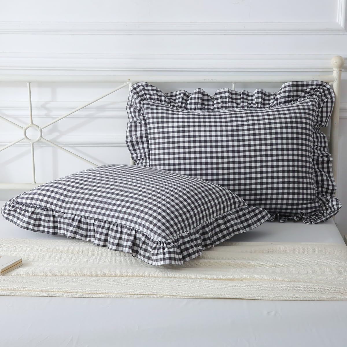 Mywinlle Taupe Plaid Gingham Ruffle Decorative Throw Pillow Covers 18"x18"