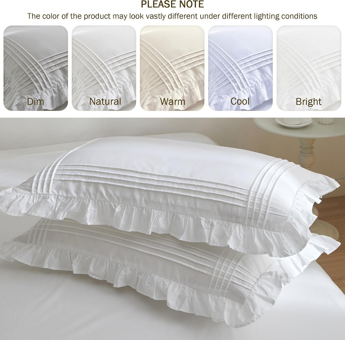 White Ruffled Pillow Shams Standard Size, 100% Cotton Pillow Cases, 20x26