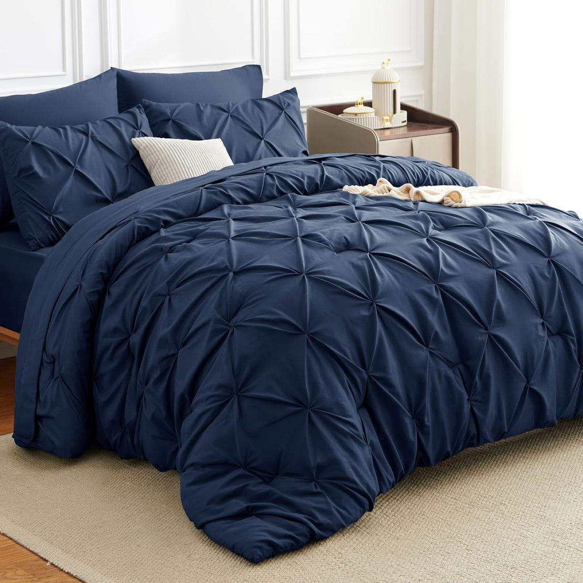 HIMEET Queen Comforter Set Black - 7 Pieces Pintuck Bed in a Bag