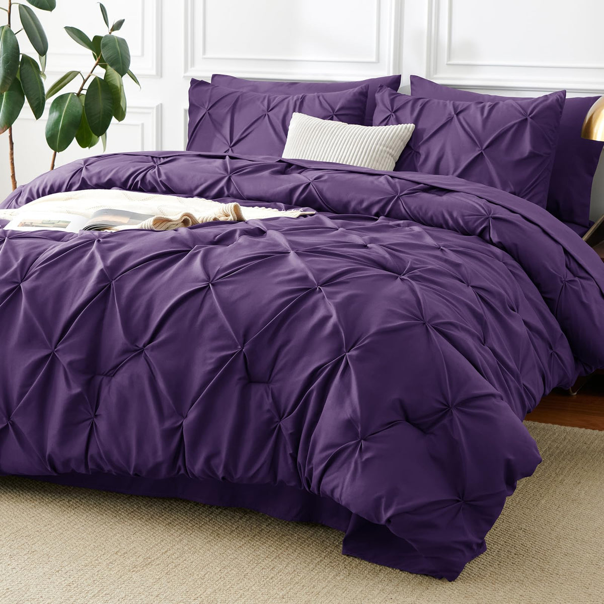 CozyLux Queen Comforter Set Black, 7 Pieces Pintuck Bed in a Bag