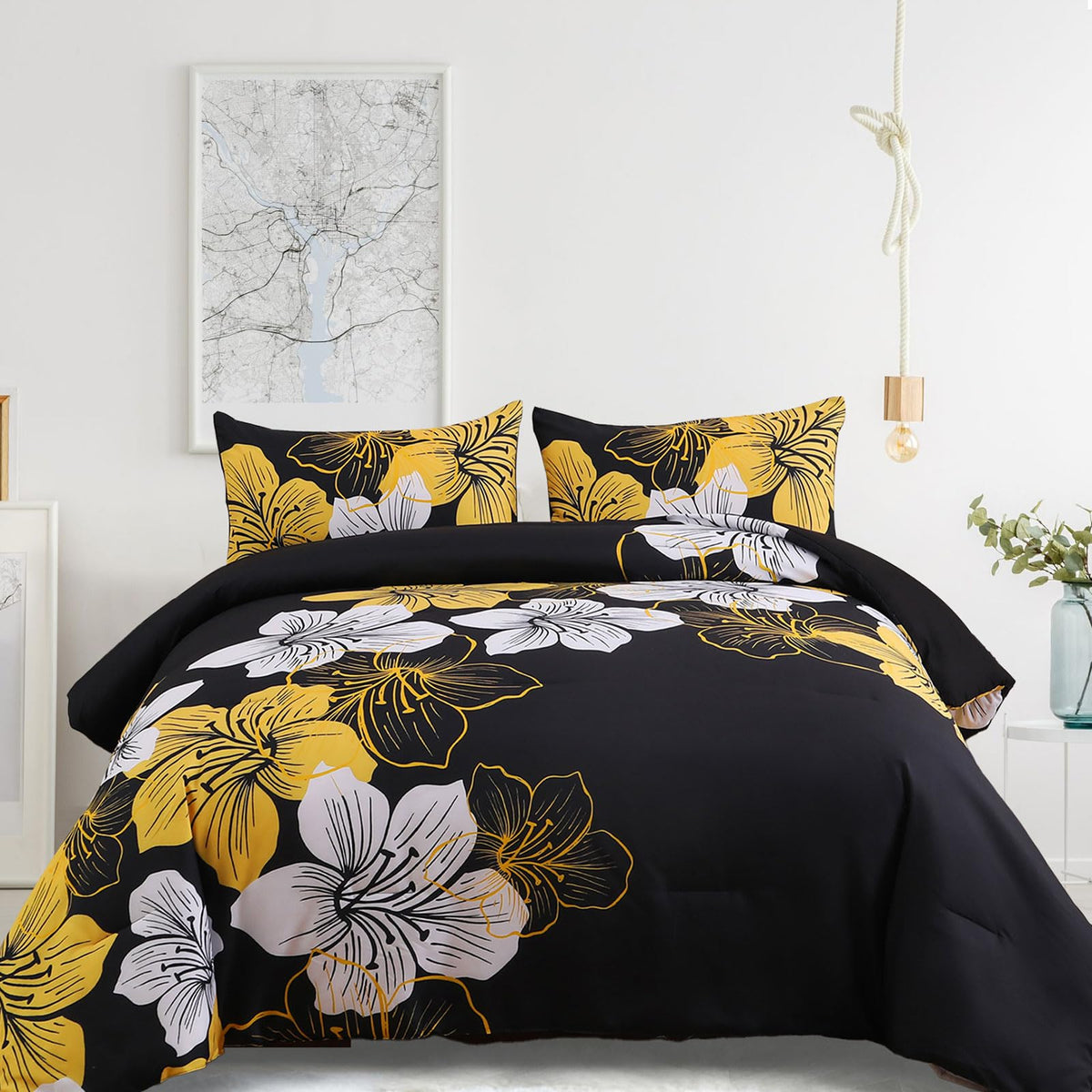 Menghomeus Queen Comforter Set, 3 Piece Dark Purple Floral Bedding Sets