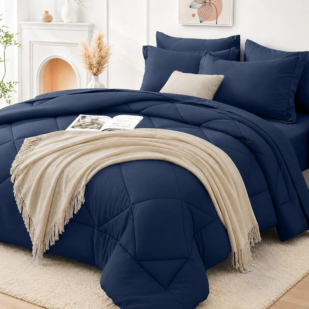 FUANNA Full Size Comforter Sets 7 PCS, Navy Blue Bed Set, Soft Bed in a Bag