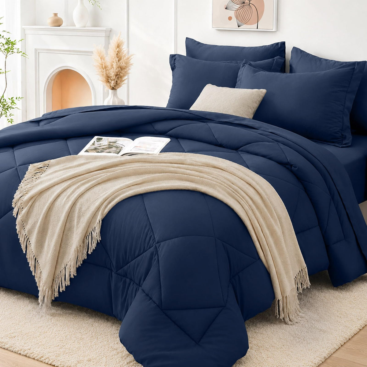 FUANNA Full Size Comforter Sets 7 PCS, Navy Blue Bed Set, Soft Bed in a Bag
