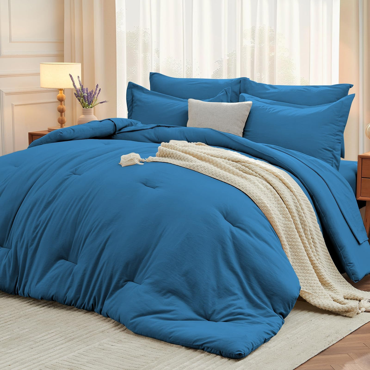 MUXHOMO King Comforter Set 7 Pieces, Soft Bed in a Bag, Beige