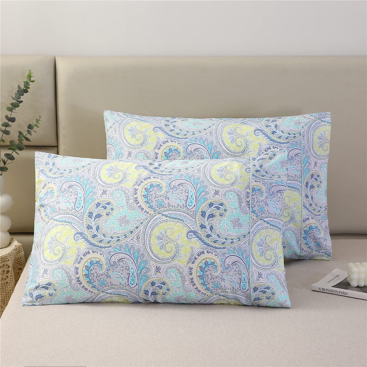 URBONUR 100% Cotton Pillowcases Set of 2 Standard Size Floral Printed Butterfly Pillow Cases Soft Breathable Cooling Pillowcase Decorative Pillow Cover (Standard, 20x26 Inches, Green Flowers)