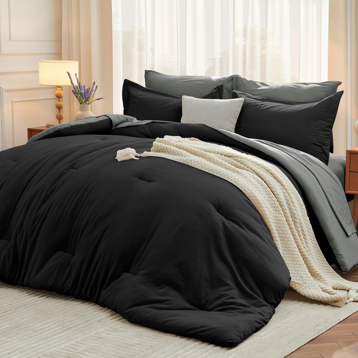 MUXHOMO King Comforter Set 7 Pieces, Soft Bed in a Bag, Beige