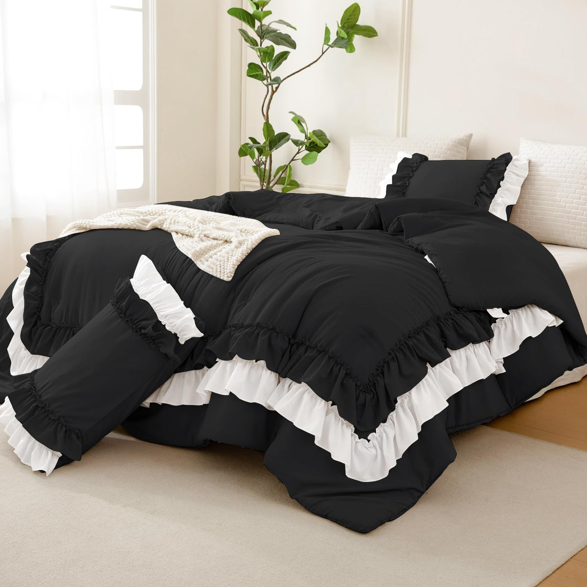 Masaca Ruffled Comforter Set Queen,Farmhouse Shabby Boho Chic Bedding Wheat and White Ruffle Comforter Vintage Rustic French Country Elegant Bedding Set 3PCS