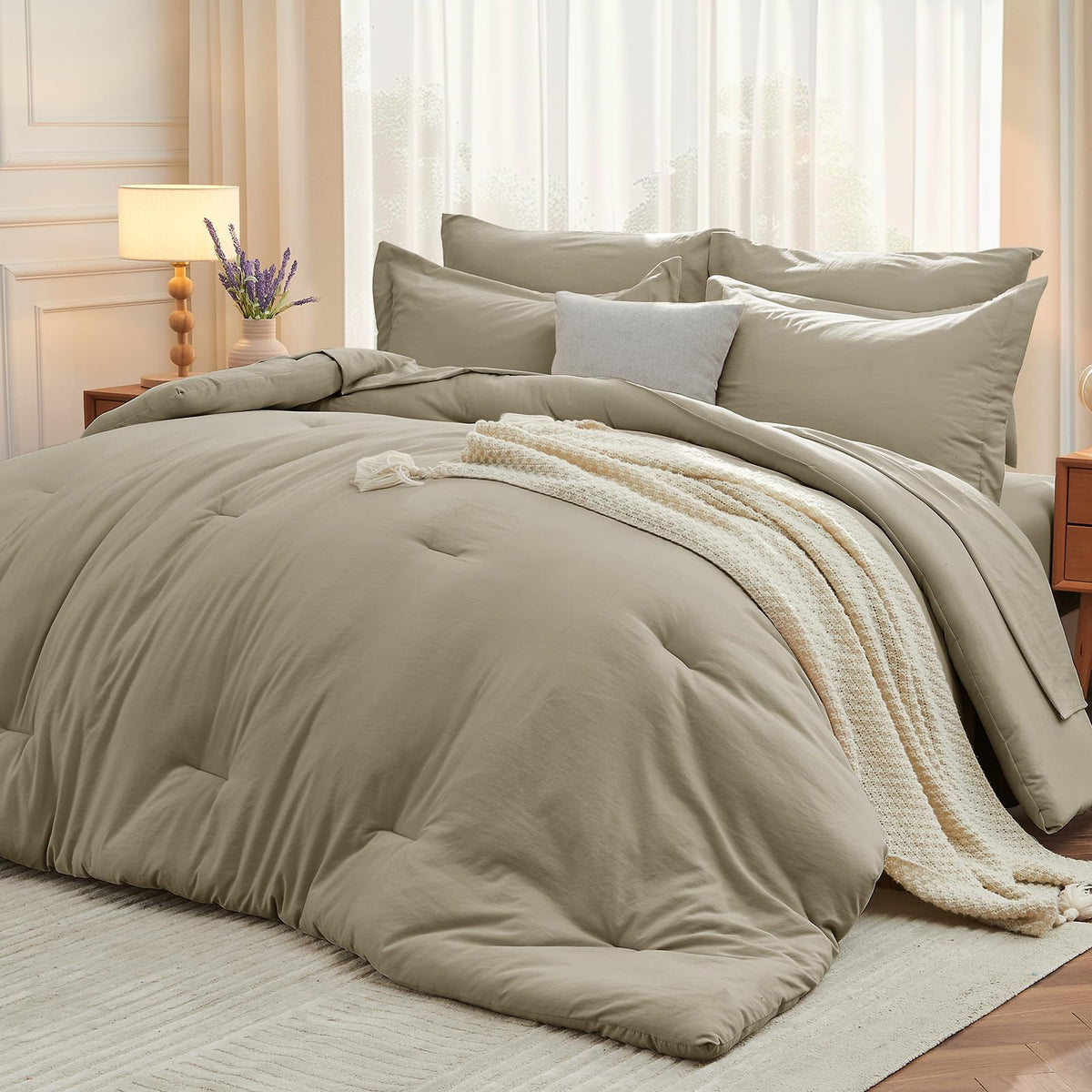 MUXHOMO King Comforter Set 7 Pieces, Soft Bed in a Bag, Beige