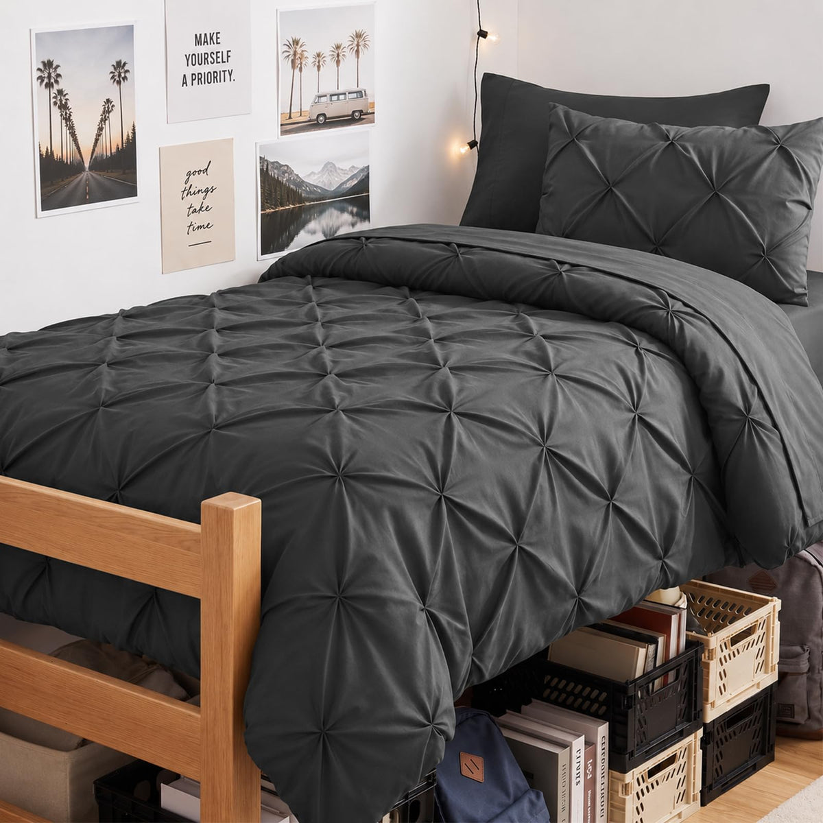 CozyLux Queen Comforter Set Black, 7 Pieces Pintuck Bed in a Bag