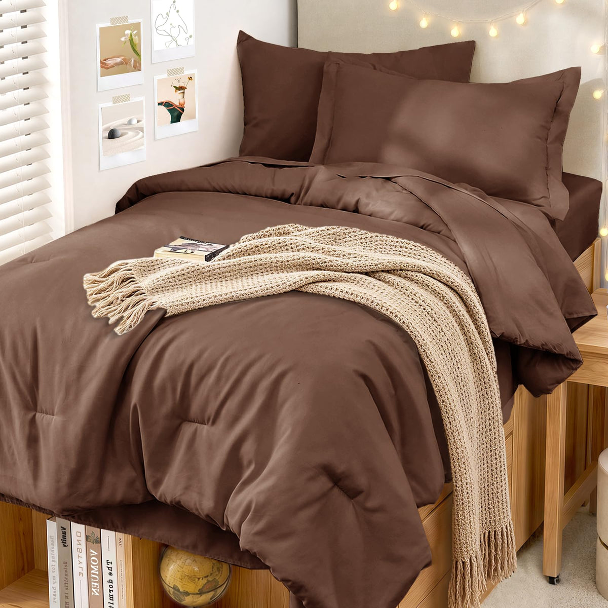 MUXHOMO King Comforter Set 7 Pieces, Soft Bed in a Bag, Beige