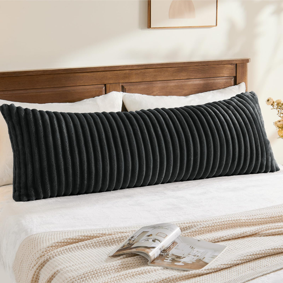 BEDELITE Fluffy Striped Body Pillow Cover with Zipper, Cream White, 20x54