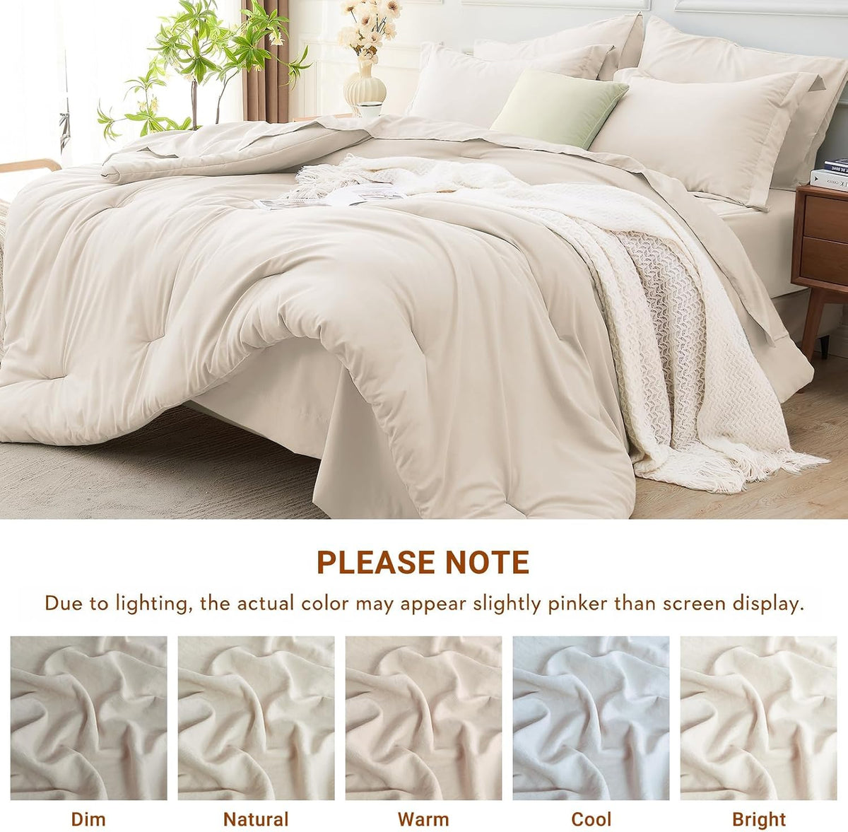 MUXHOMO King Comforter Set 7 Pieces, Soft Bed in a Bag, Beige