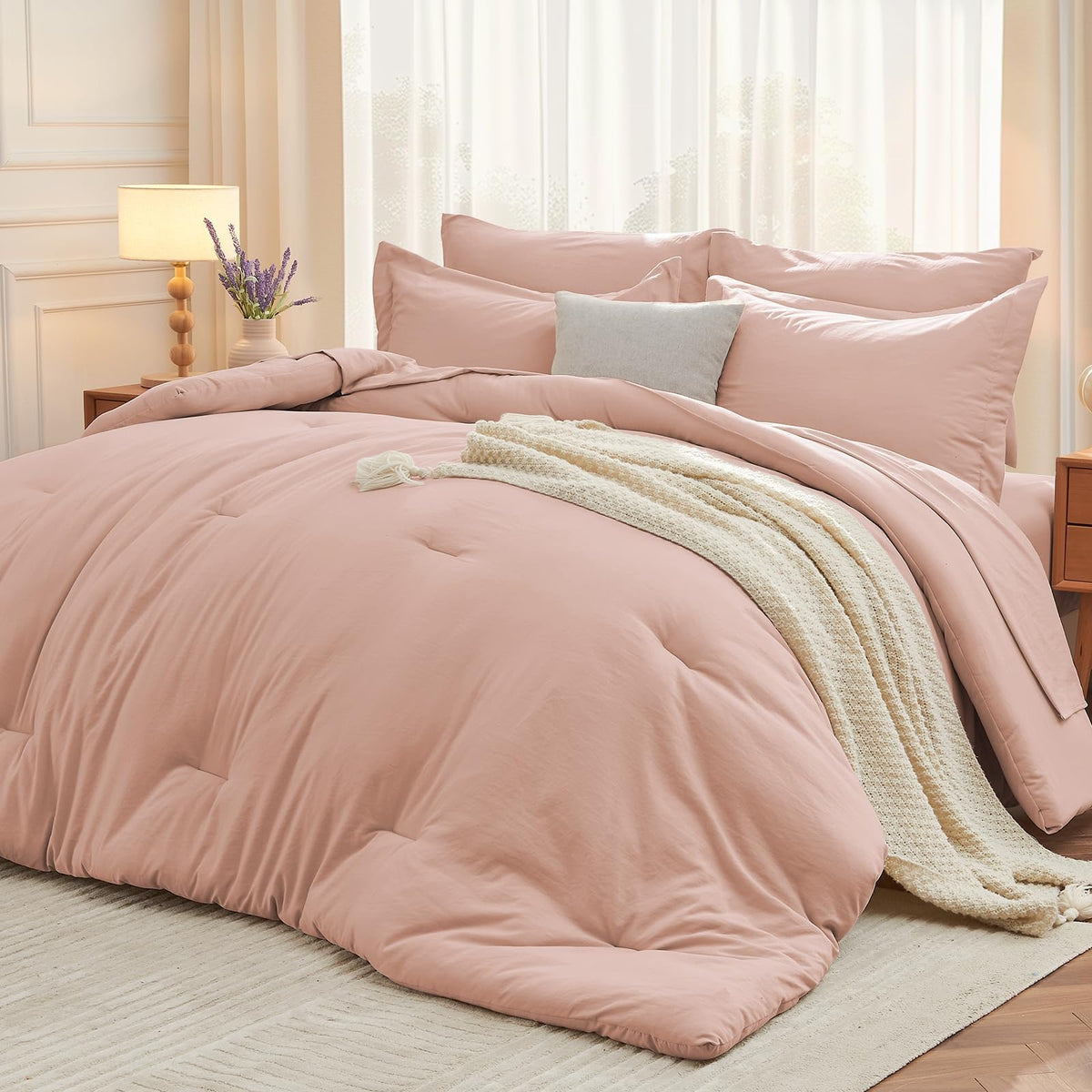 MUXHOMO King Comforter Set 7 Pieces, Soft Bed in a Bag, Beige