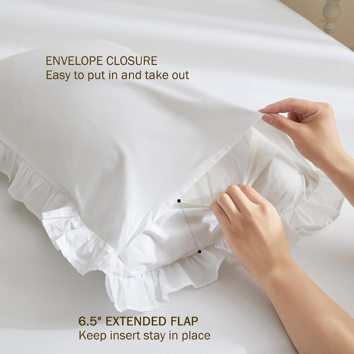 White Ruffled Pillow Shams Standard Size, 100% Cotton Pillow Cases, 20x26