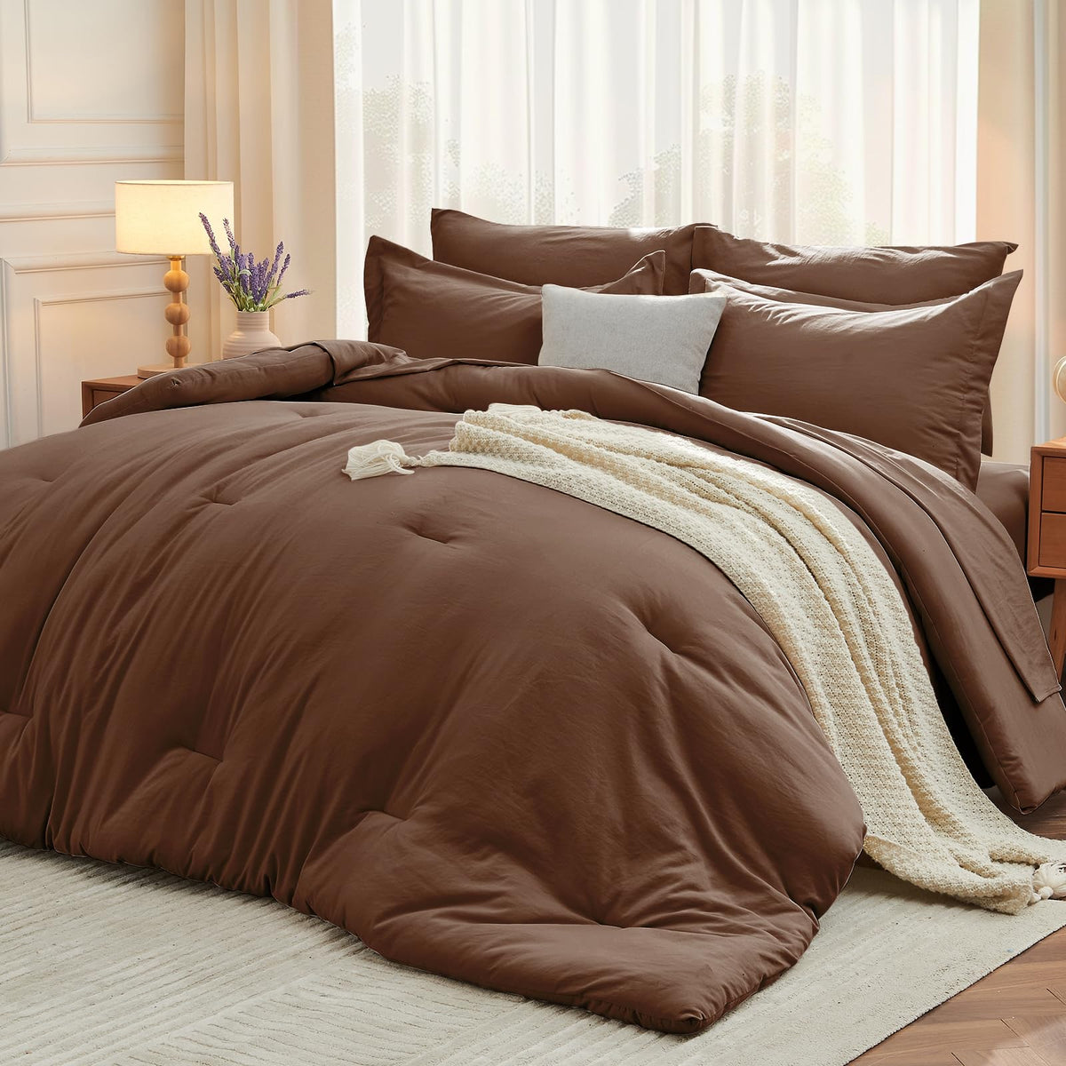 MUXHOMO King Comforter Set 7 Pieces, Soft Bed in a Bag, Beige