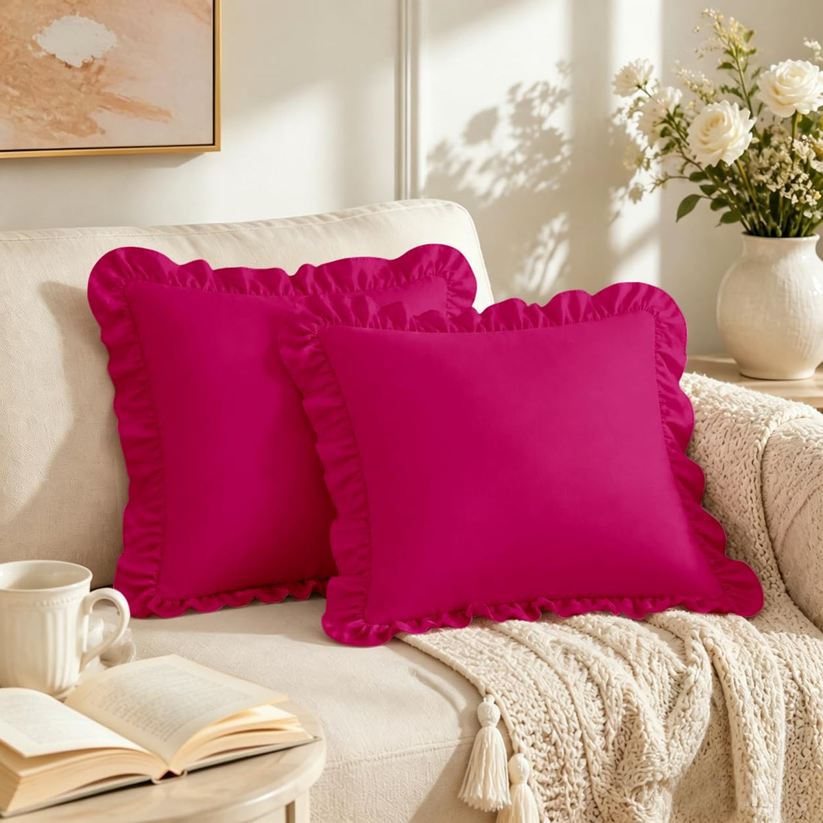 Homiest Ruffle Pillow Cases Standard Set of 2, White, 20x26 in