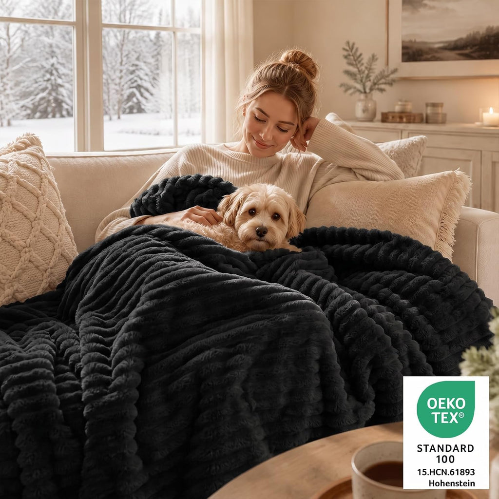 CozyLux Fleece Queen Comforter Set, 3 Piece Winter Warm Black Bedding