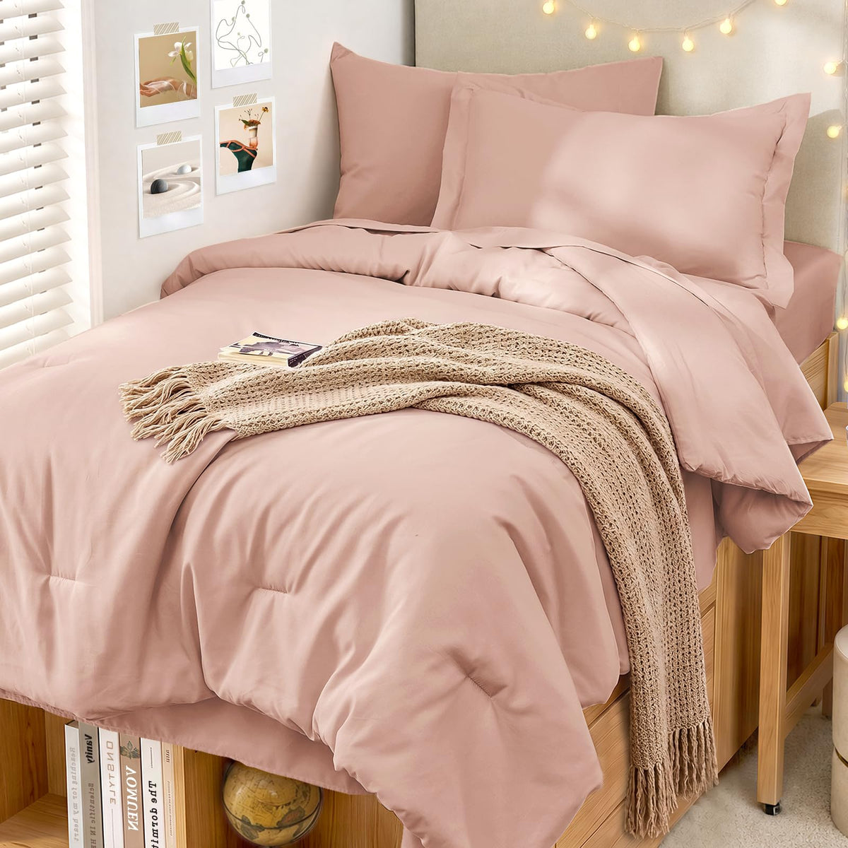 MUXHOMO King Comforter Set 7 Pieces, Soft Bed in a Bag, Beige