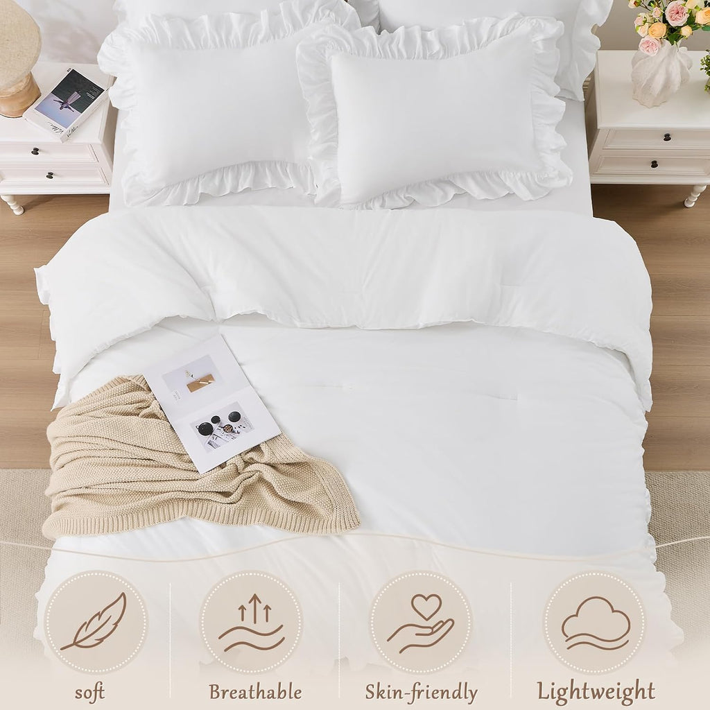 White Ruffle Comforter Set Queen Size, 3-Piece Shabby Chic Bedding