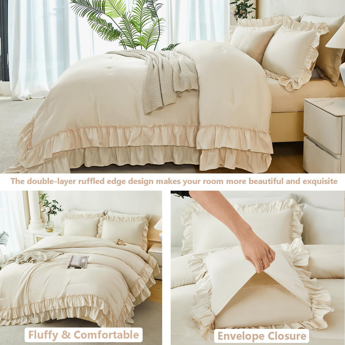 ANGIYUIN 5Pcs Beige Ruffled Comforter Set Queen Double-Layer Ruffle Bedding Comforter Set for Women Girls Fluffy Shabby Chic Bed in a Bag with Sheets(Beige Queen)