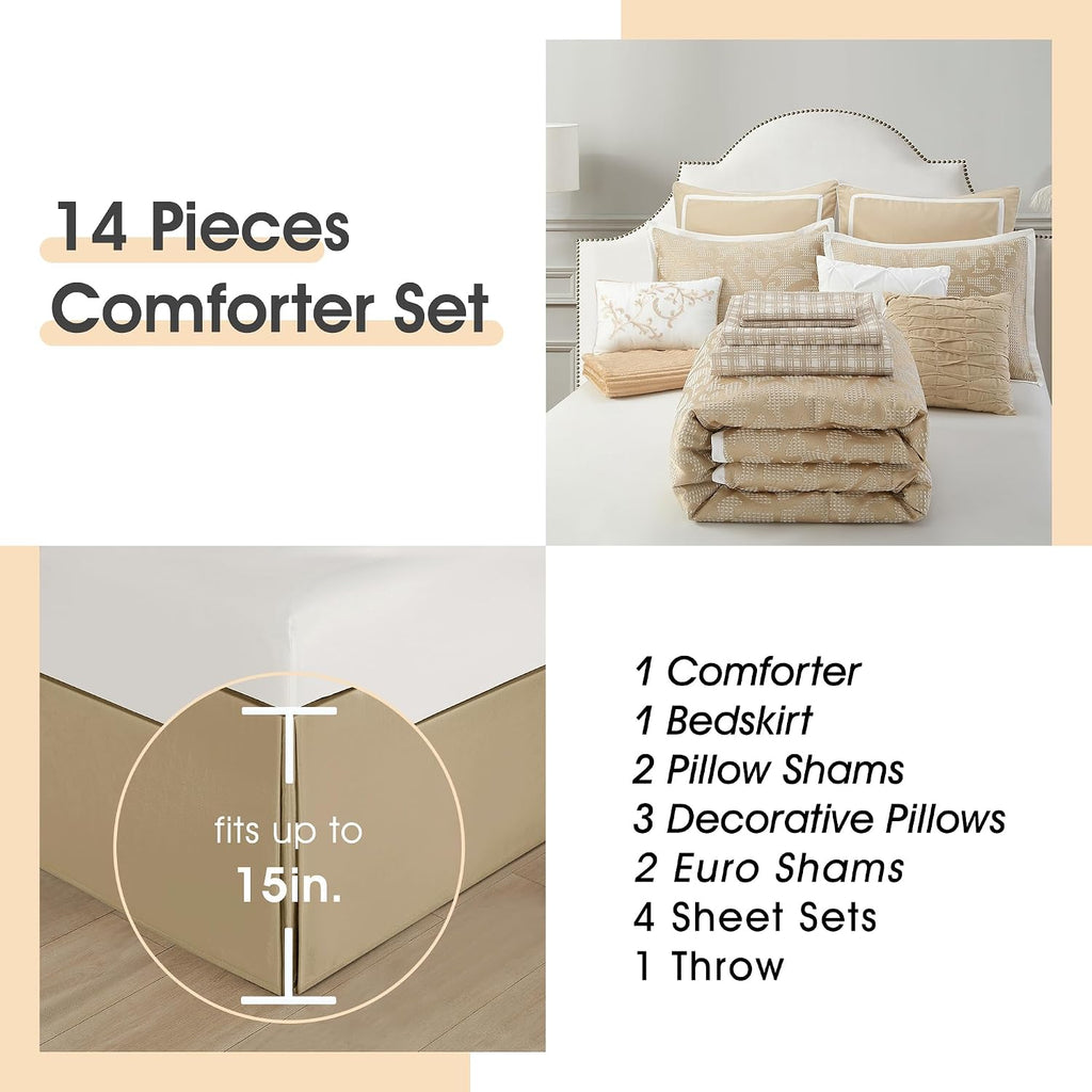 LANCO MODERN LIFESTYLE Taupe California King Comforter Set, Classic Jacquard Floral 14 Pieces Bedding Set, Ultra Soft for All Seasons, Sheets, Bedskirt, Throw,Matching Shams and Decor Pillows
