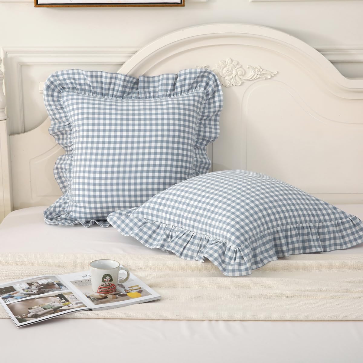 Silnuo Taupe/White Gingham Plaid Ruffled Pillow Covers Queen Size Set of 2