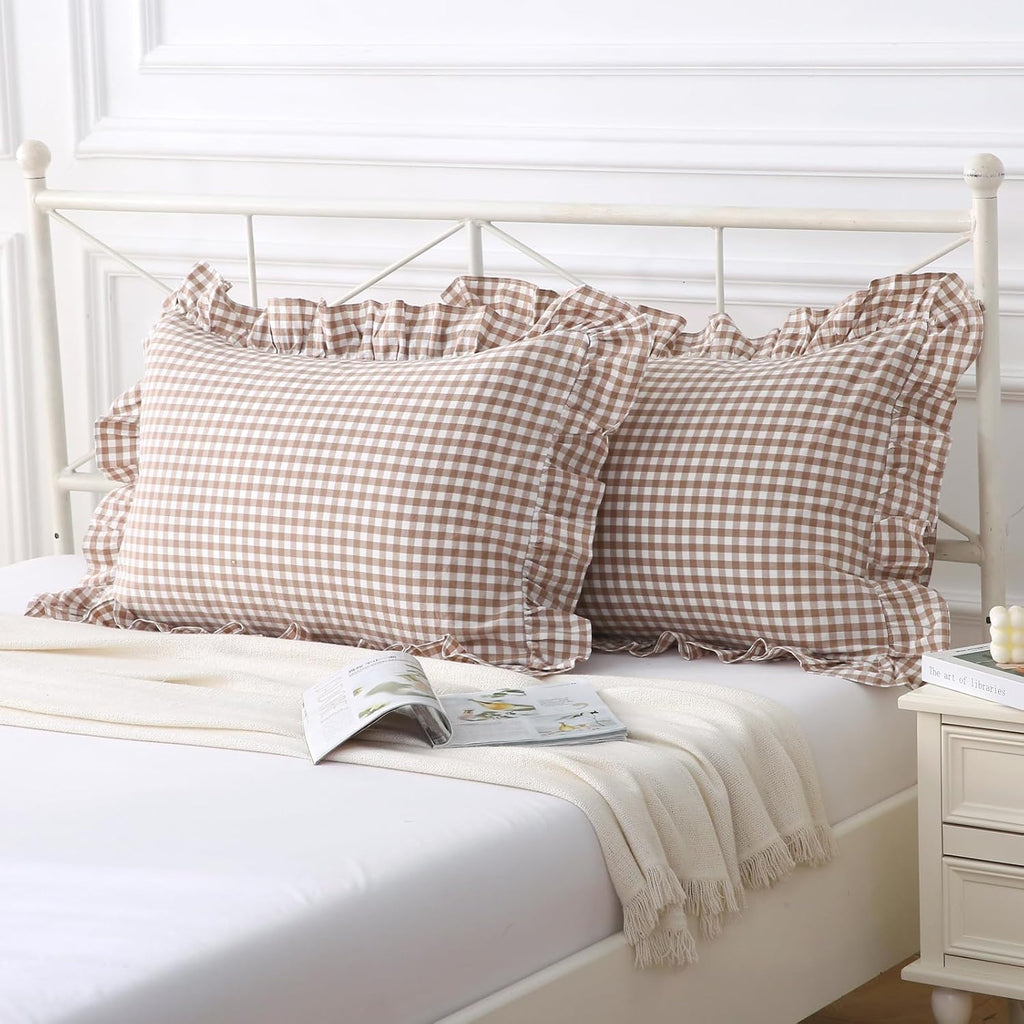 Silnuo Taupe/White Gingham Plaid Ruffled Pillow Covers Queen Size Set of 2