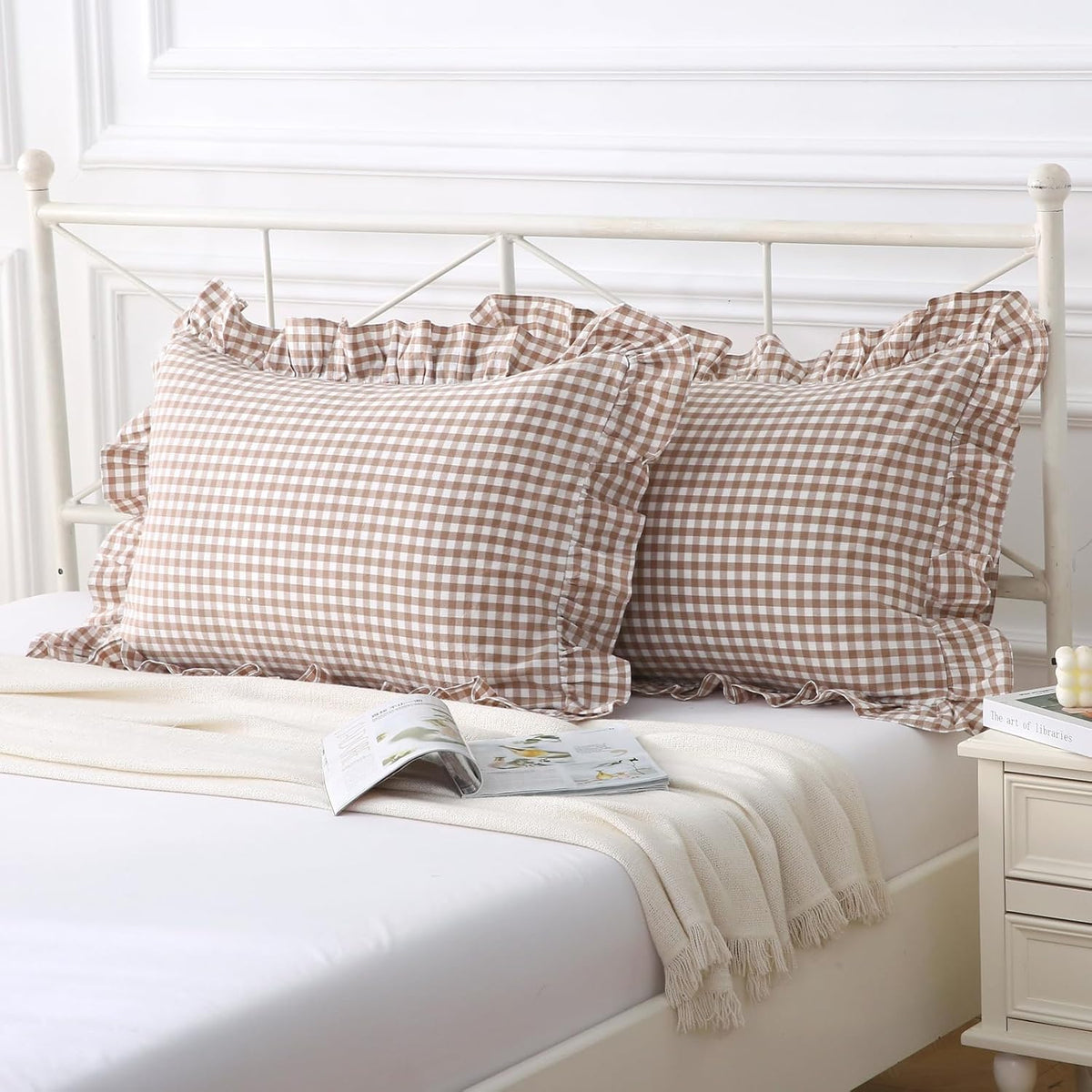 Silnuo Taupe/White Gingham Plaid Ruffled Pillow Covers Queen Size Set of 2