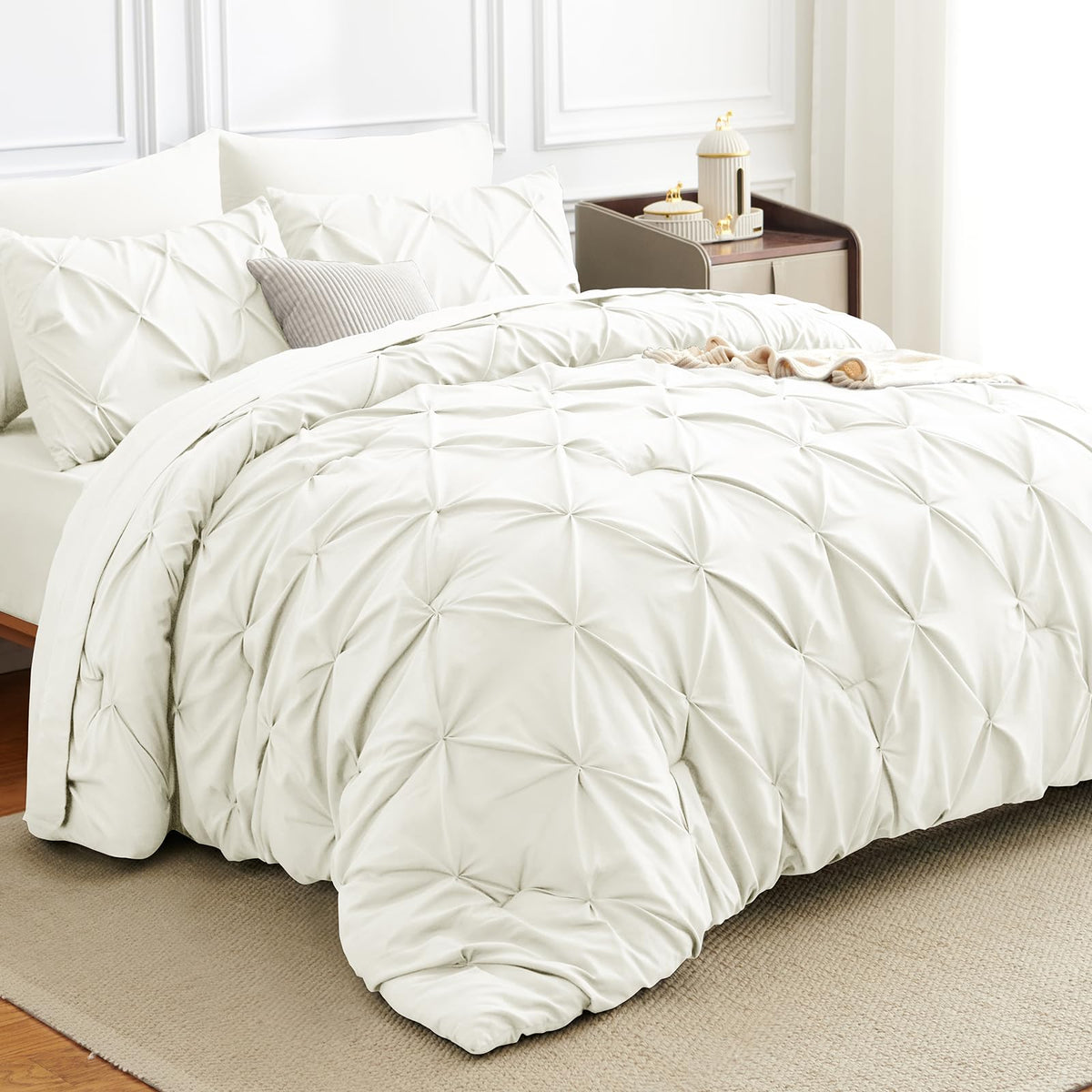HIMEET Queen Comforter Set Black - 7 Pieces Pintuck Bed in a Bag