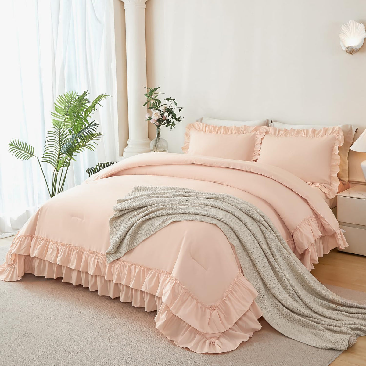 ANGIYUIN 5Pcs Beige Ruffled Comforter Set Queen Double-Layer Ruffle Bedding Comforter Set for Women Girls Fluffy Shabby Chic Bed in a Bag with Sheets(Beige Queen)
