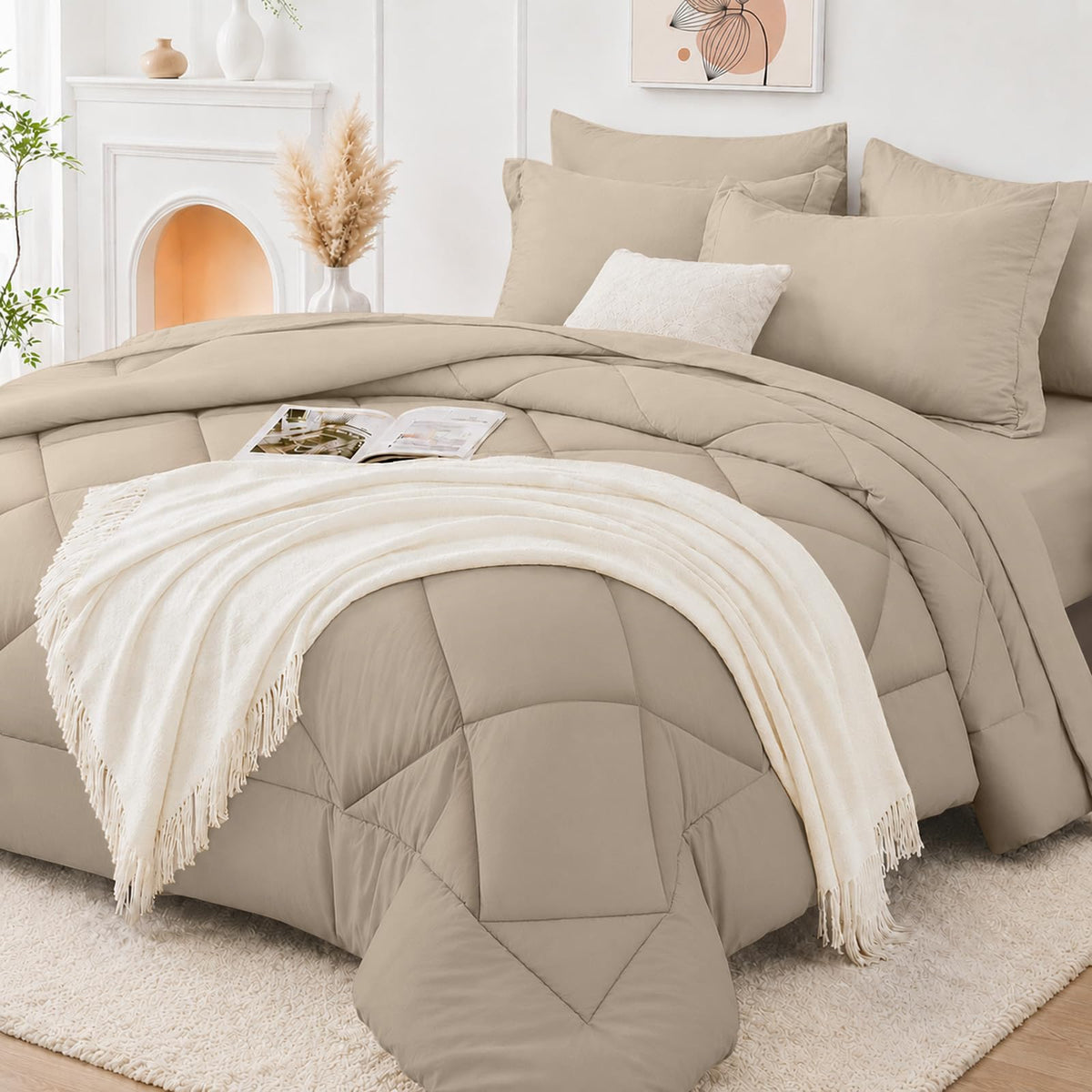FUANNA Full Size Comforter Sets 7 PCS, Navy Blue Bed Set, Soft Bed in a Bag