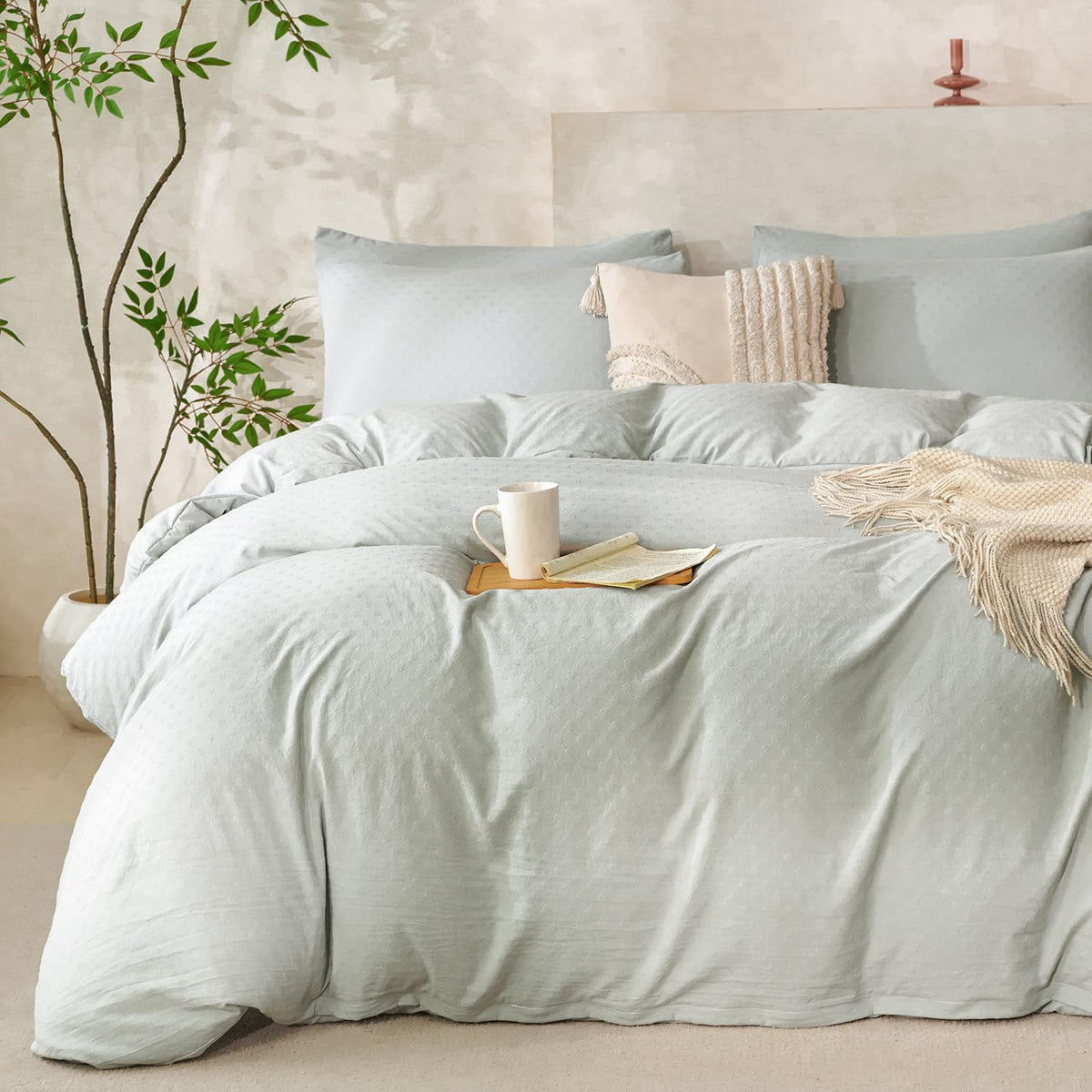 Sage Green Queen Size Comforter Set Striped 100% Soft Washed Microfiber Jacquard 3 Pieces Striped Bedding Sets Green White Comforter Queen for All Seasons and 2 Pillowcases Comfort Breathable