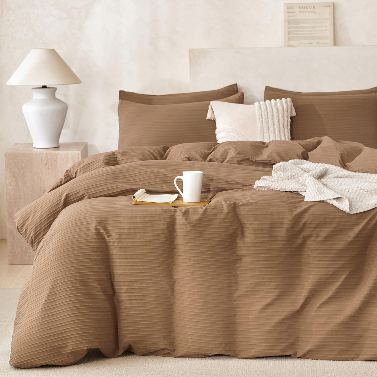 Comforter Set King Size Dusty Pink Soft Luxury Washed Microfiber Jacquard 3 Pieces Bedding Set, White Dusty Pink Vertical Ticking Stripes Comforter with 2 Pillowcases Breathable Durable Comfy