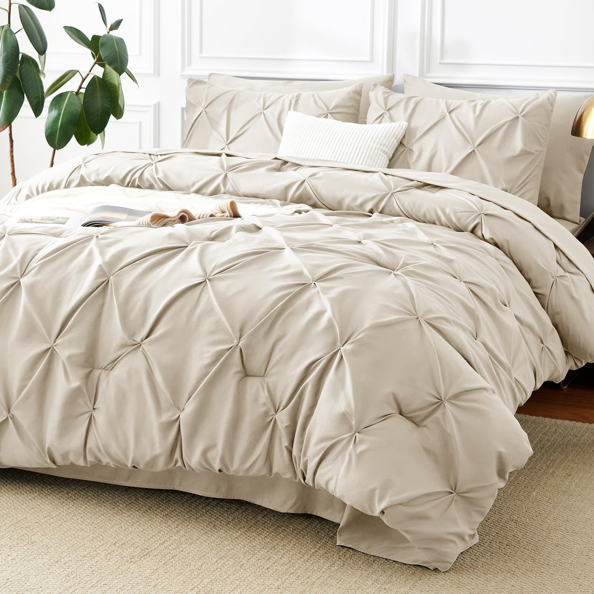 CozyLux Queen Comforter Set Black, 7 Pieces Pintuck Bed in a Bag