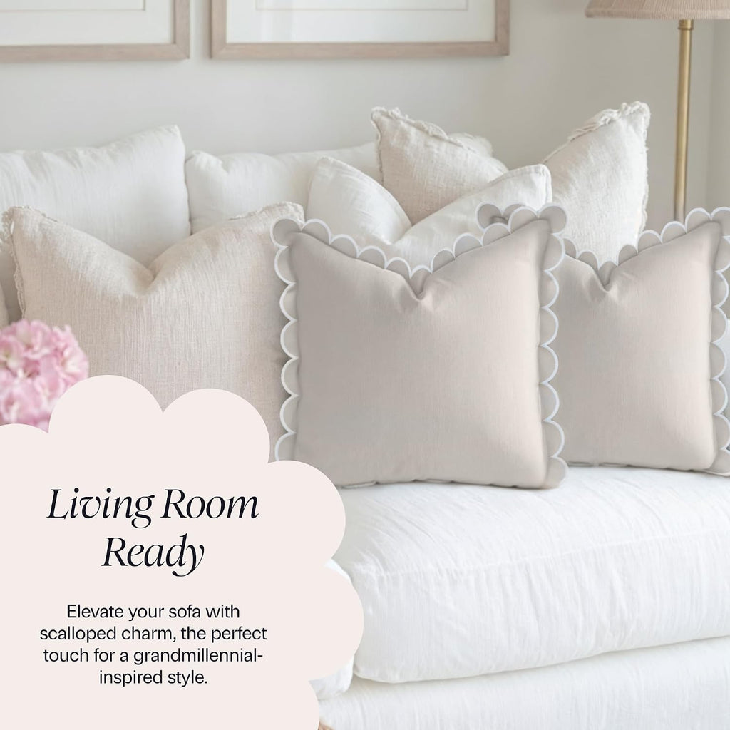 BEBE BASK Scalloped Pillow Cover Set of 2, 18x18, Cotton - Natural