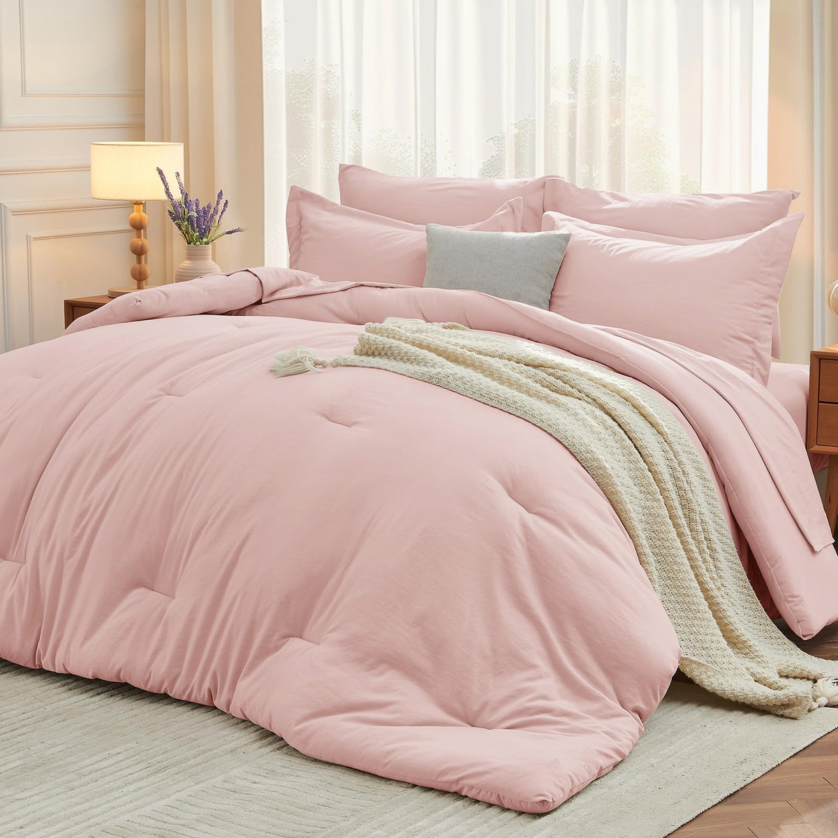 MUXHOMO King Comforter Set 7 Pieces, Soft Bed in a Bag, Beige