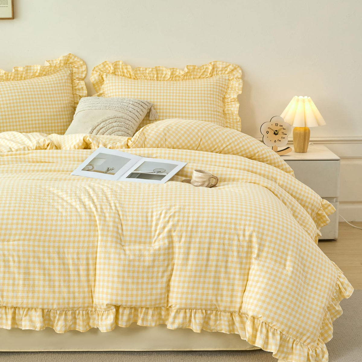 RYNGHIPY 5 Pcs Gingham Bedding Set Queen Yellow Ruffle Comforter Sets