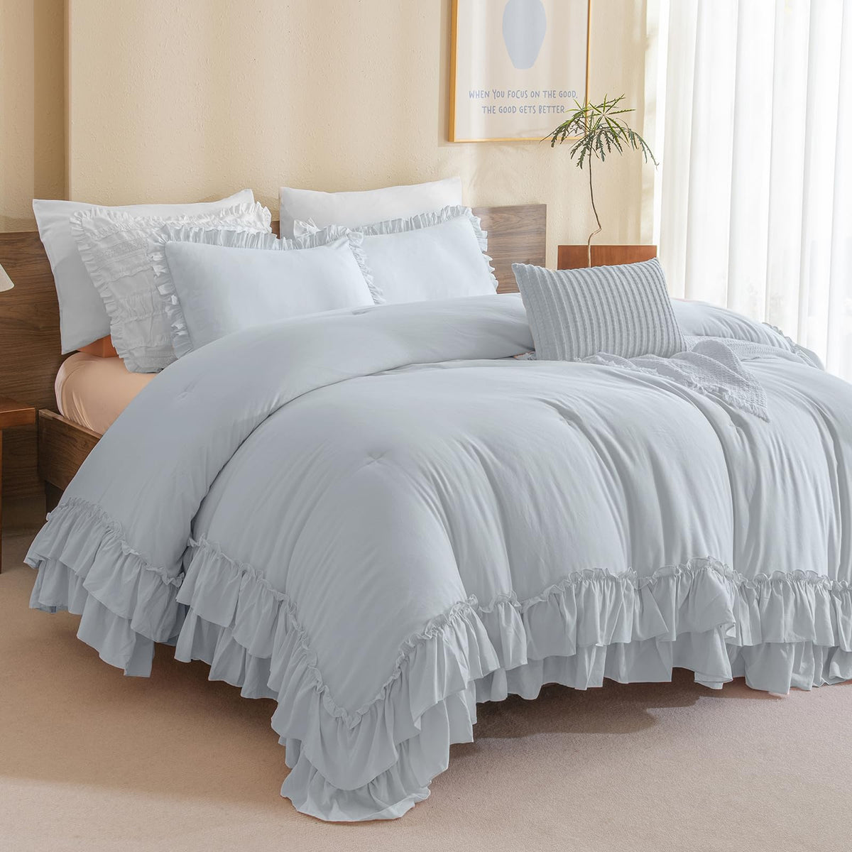 Masaca Ruffled Comforter Set Queen,Farmhouse Shabby Boho Chic Bedding Wheat and White Ruffle Comforter Vintage Rustic French Country Elegant Bedding Set 3PCS