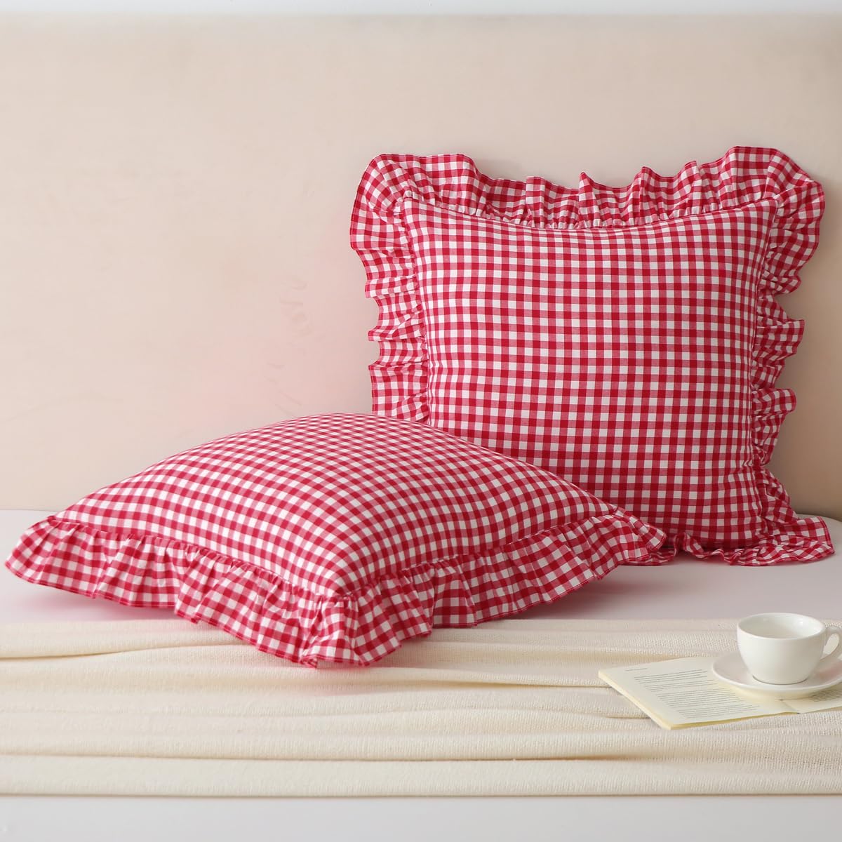 Mywinlle Taupe Plaid Gingham Ruffle Decorative Throw Pillow Covers 18"x18"