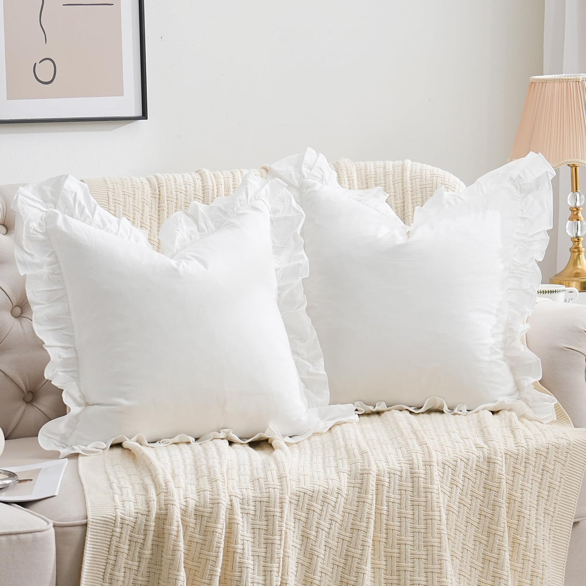 Taupe/White Plaid Ruffled Body Pillow Cover Washed Cotton 20"x54"