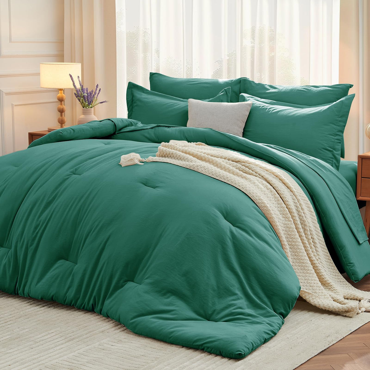 MUXHOMO King Comforter Set 7 Pieces, Soft Bed in a Bag, Beige