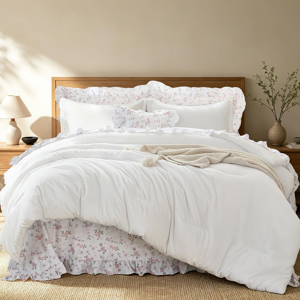 8PC Queen Comforter Set Blue, Ruffle Comforter with Floral Sheets